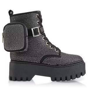 NWT Rhinestone Platform Combat Boots with Side Pouch